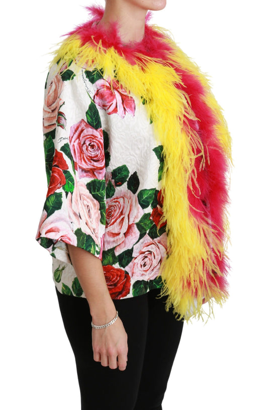 Dolce & Gabbana Elegant Floral Cape Jacket with Fur Details