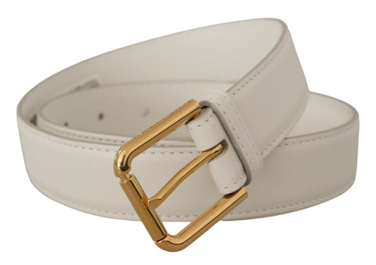 Dolce & Gabbana Chic White Leather Belt with Gold Engraved Buckle