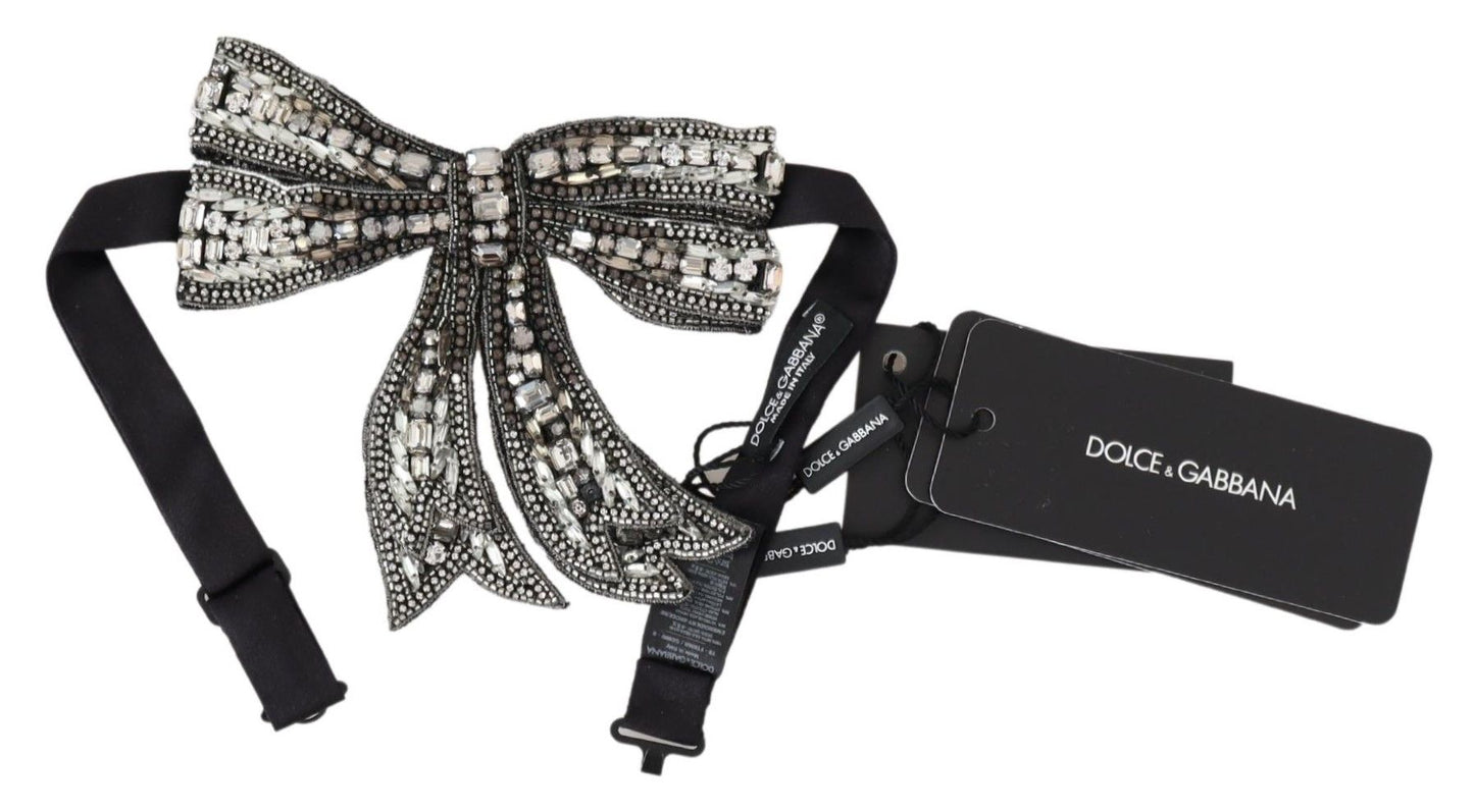 Dolce & Gabbana Silver Crystal Beaded Sequined Silk Catwalk Necklace Bowtie