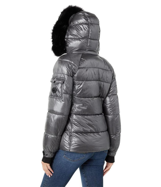Short Puffer with Faux Fur Trim Hood Jacket M425739QZ