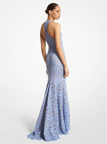 Cotton Blend Floral Lace Fishtail Gown