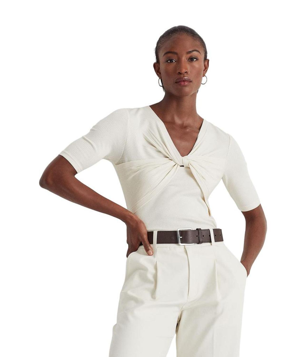 Twist-Front Rib-Knit Cotton-Blend Tee