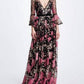 Bell Sleeve V Neck Floral Gown In Black