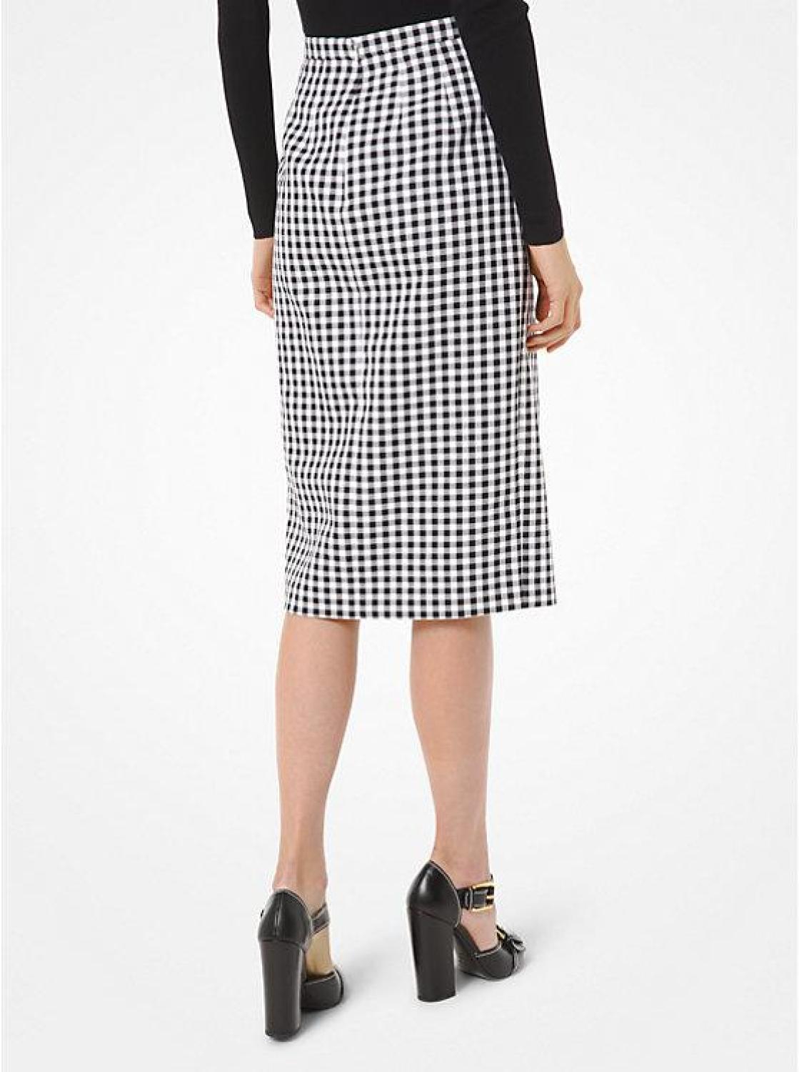Gingham Cotton Slit-Front Pencil Skirt