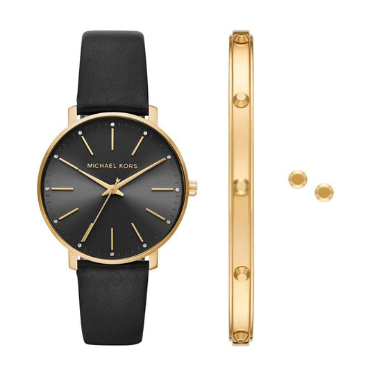 Women's Pyper Three-Hand Black Leather Watch 38mm and Jewelry Gift Set