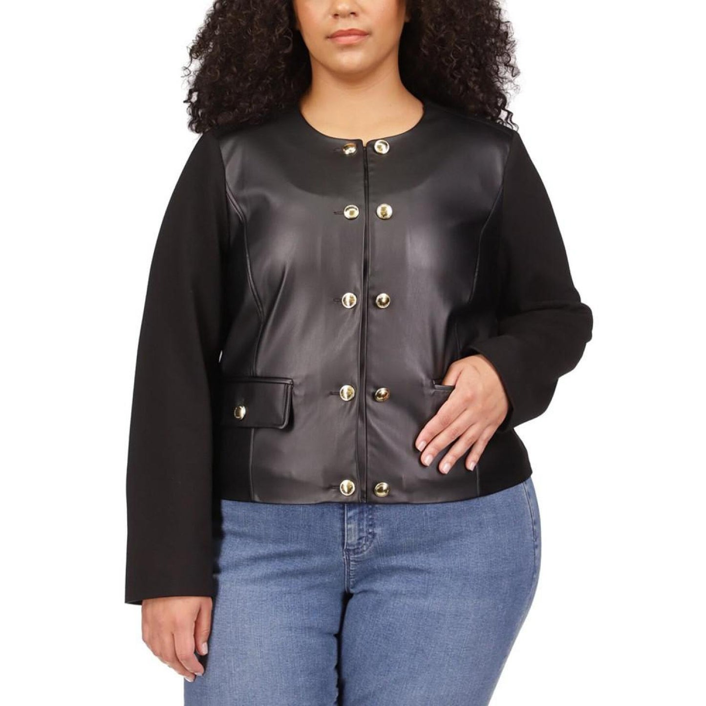Plus Size Faux Leather Button Jacket