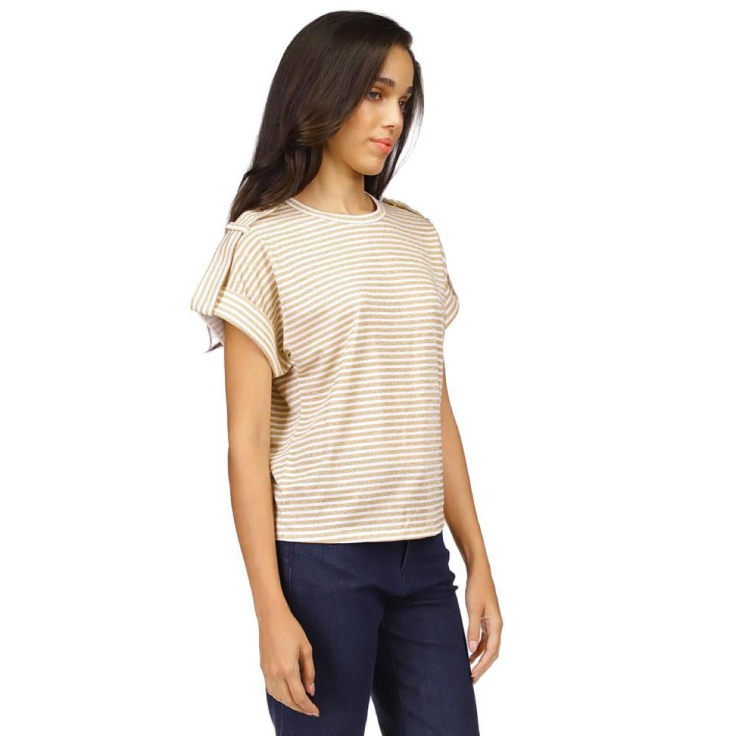 Women's Metallic-Stripe Epaulette Short-Sleeve Top