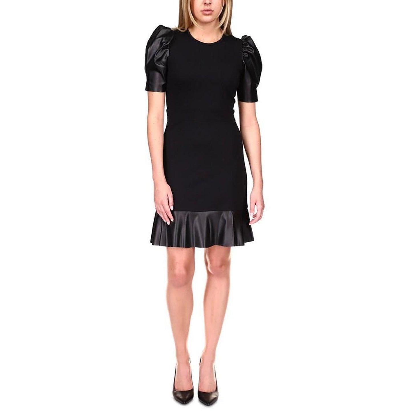 Puff-Sleeve Ruffle-Trim Dress