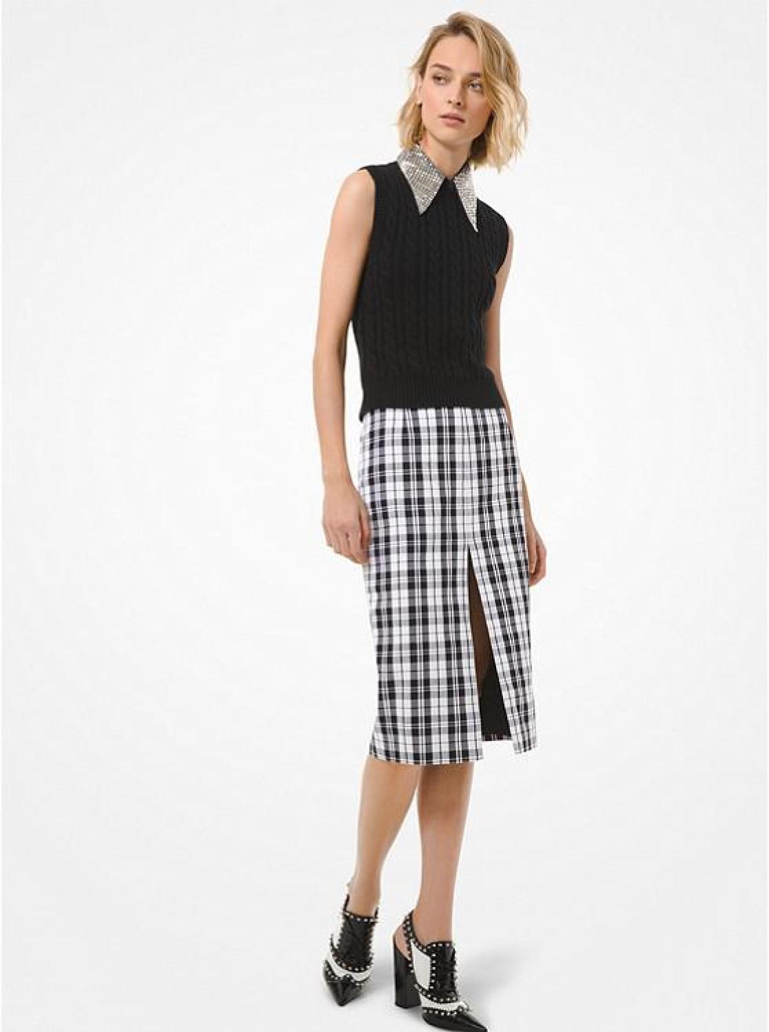Tartan Wool and Cotton Slit Pencil Skirt