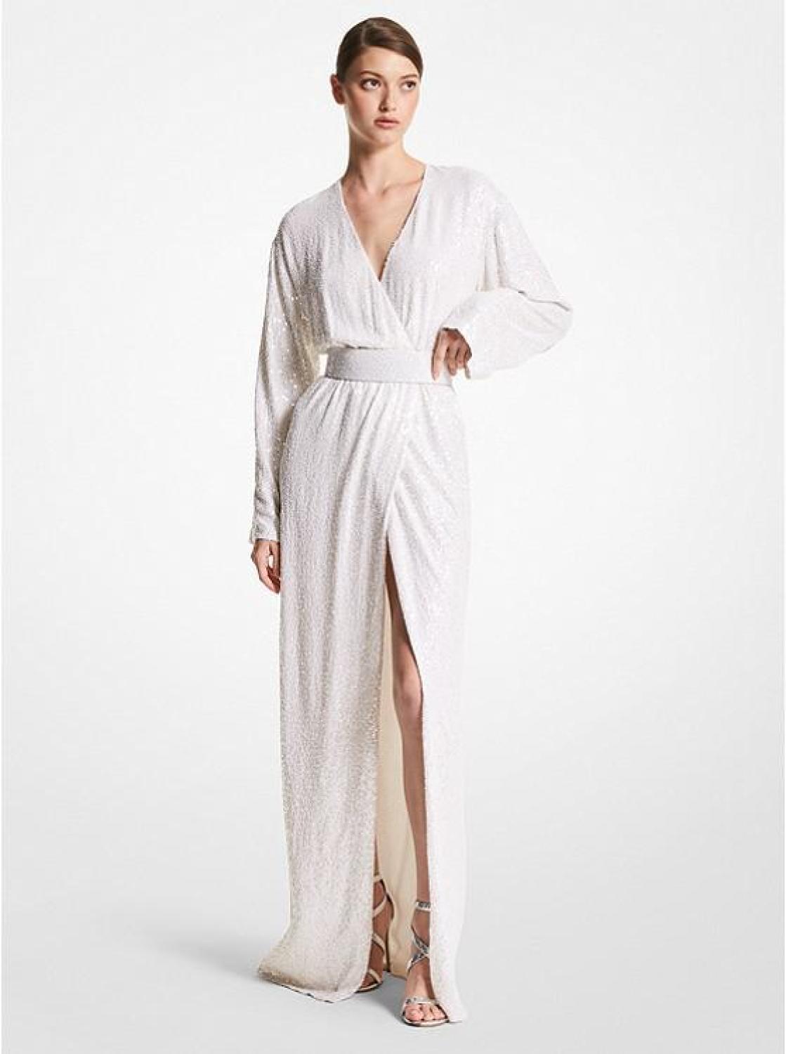 Hand-Embroidered Paillette Silk Georgette Kimono Gown