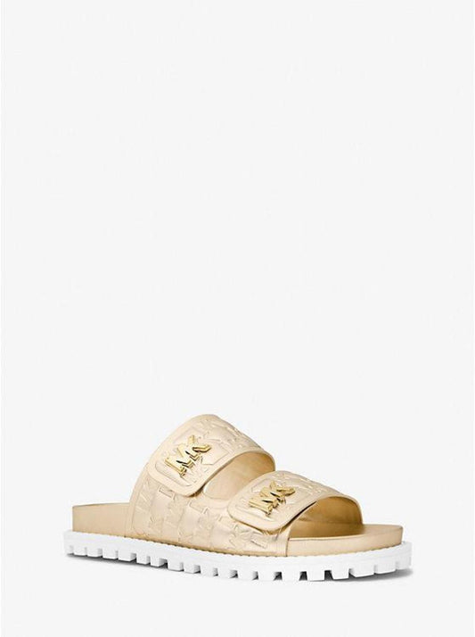 Stark Metallic Logo Embossed Faux Leather Slide Sandal