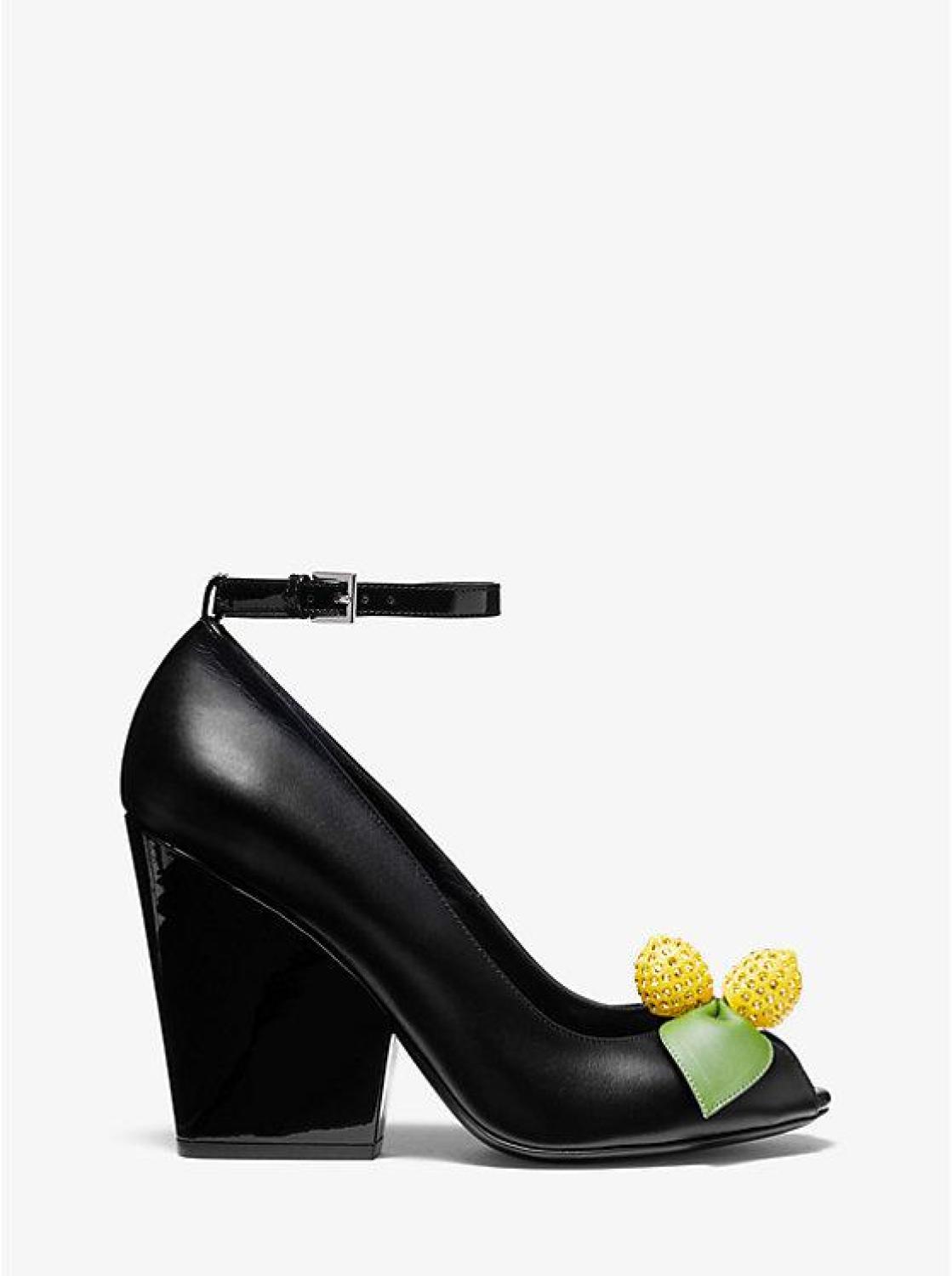 Julianne Lemon-Embellished Leather Peep-Toe Pump