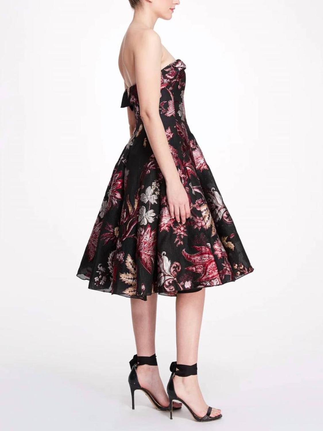 Strapless Floral Tea Length Gown In Black