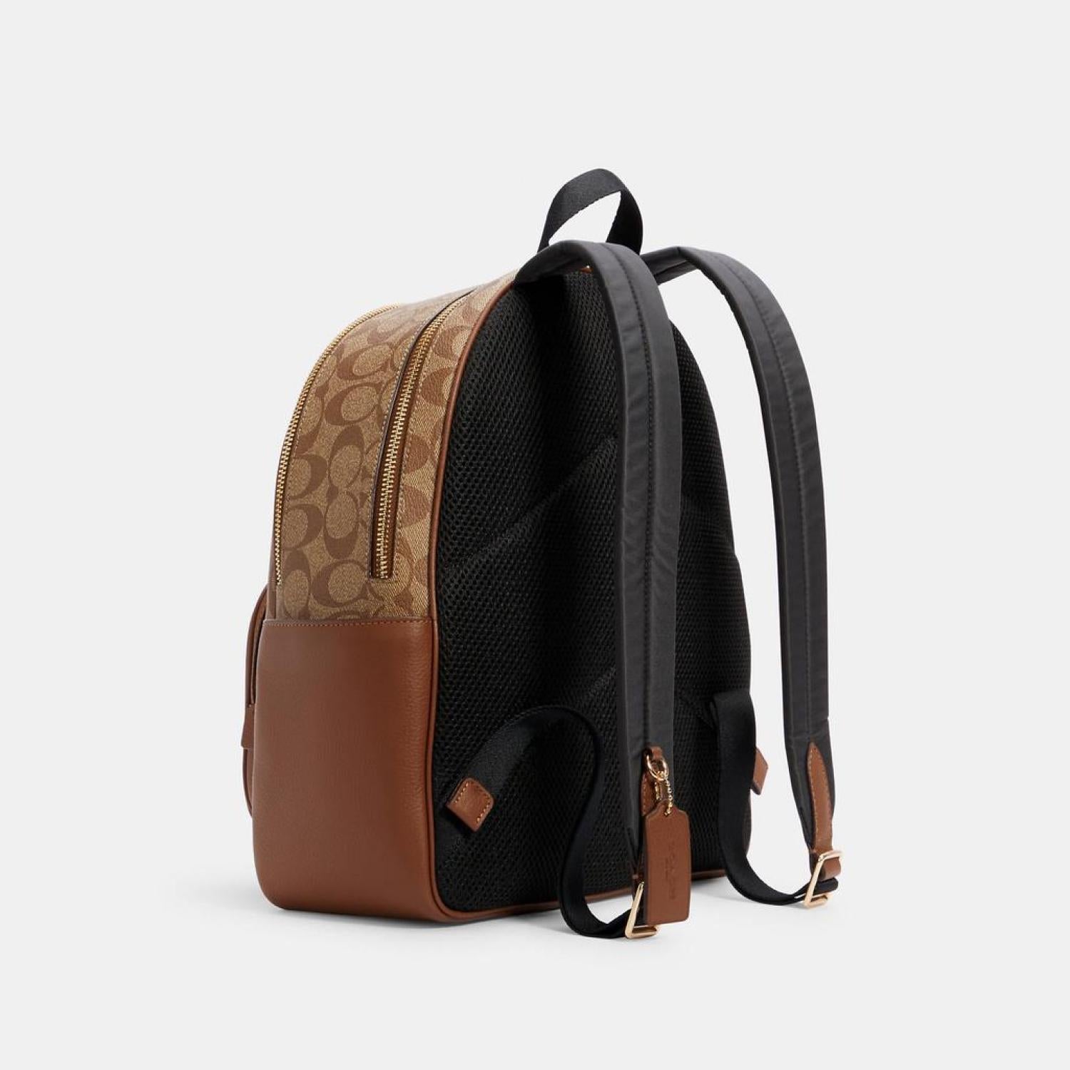 coach court backpack in signature canvas Walnut/Black CZ176 Signature coated canvas and refined pebble leather Inside zip and multifunction pockets Double zip closure fabric lining Handle with 2 1/4 drop Outside zip pocket Adjustable shoulder straps 10 3/4 (L) x 12 1/2 (H) x 4 3/4 (W) Style No. Coach Outlet Court Backpack In