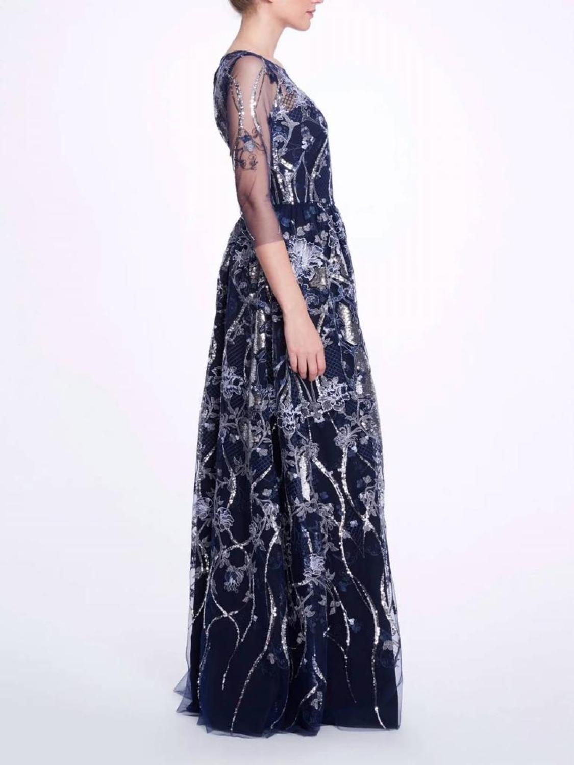 Embroidered-Tulle Boatneck Gown In Navy
