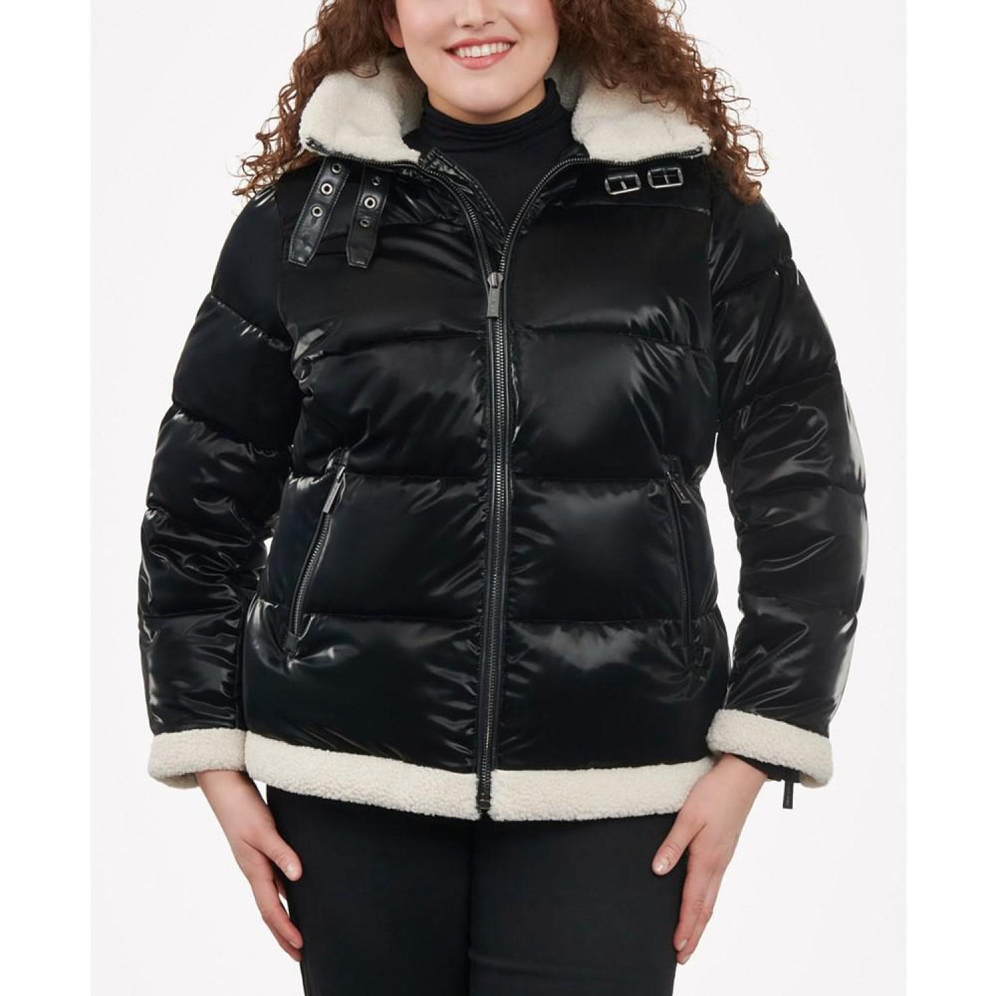 Women's Plus Size Faux-Shearling Shine Puffer Coat, Created for Macy's