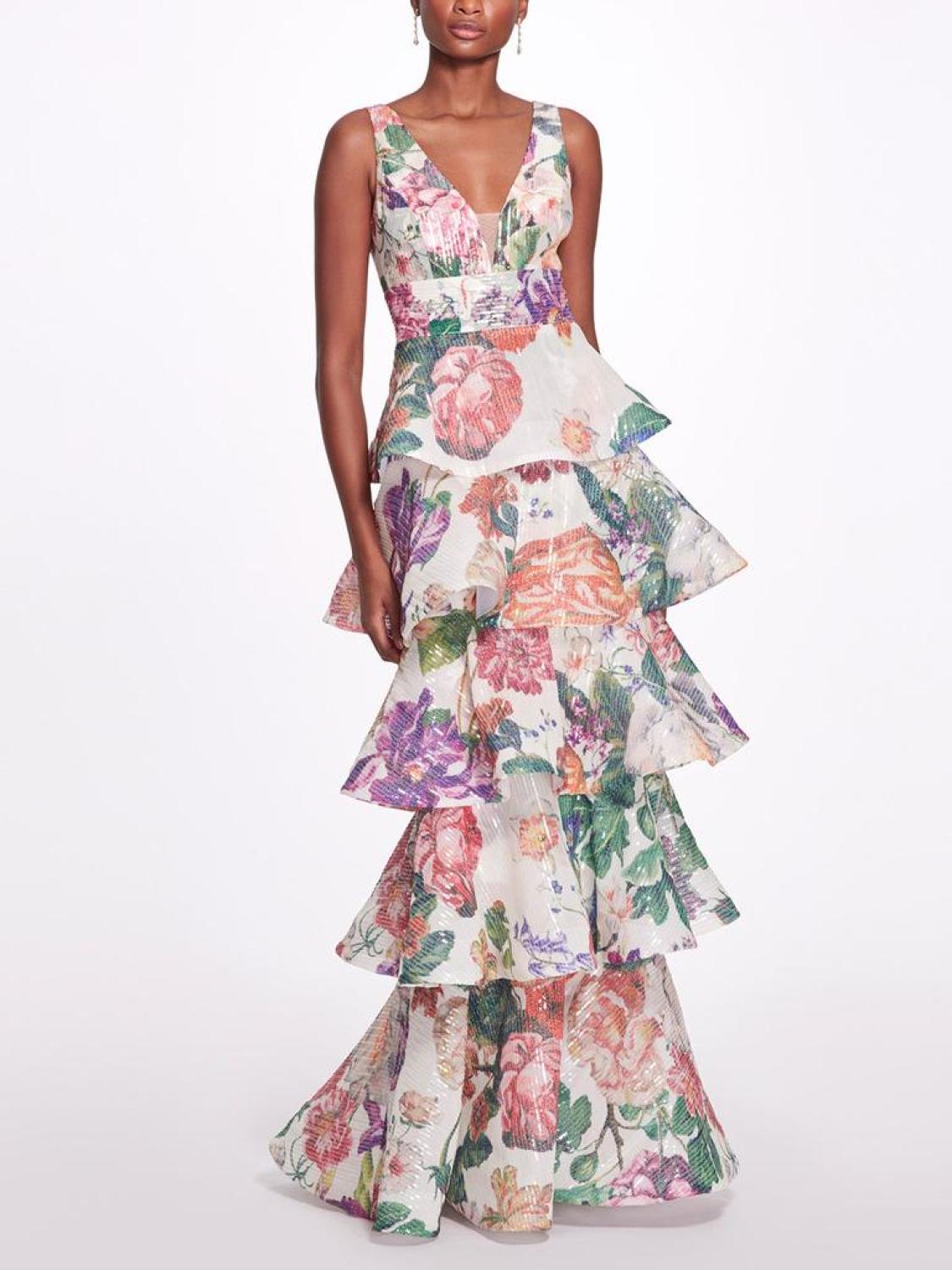 Plunging V-Neck Floral Printed Gown