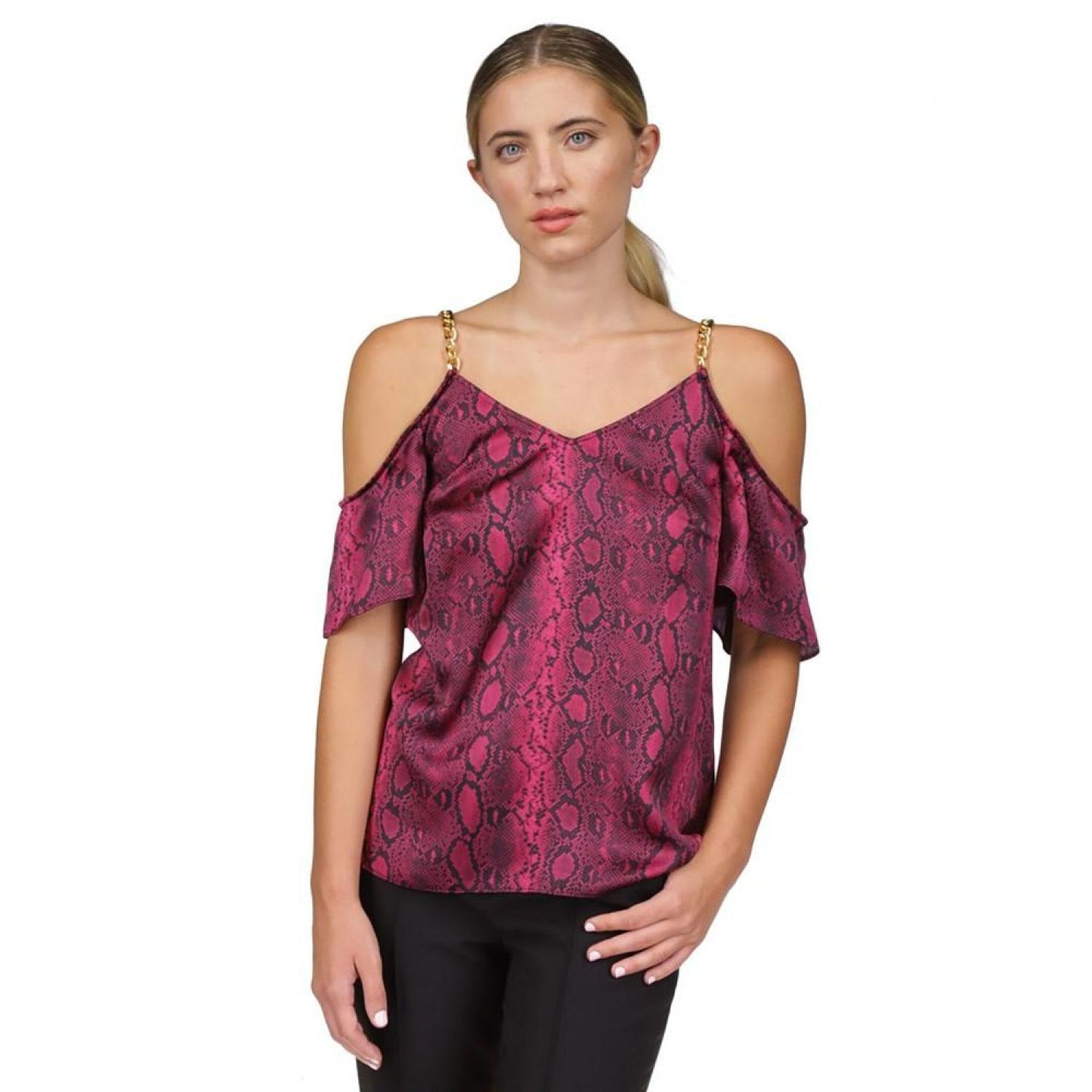 Women's Snakeskin-Print Cold-Shoulder Chain Top
