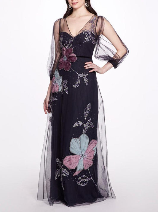 Beaded Floral A-line Gown