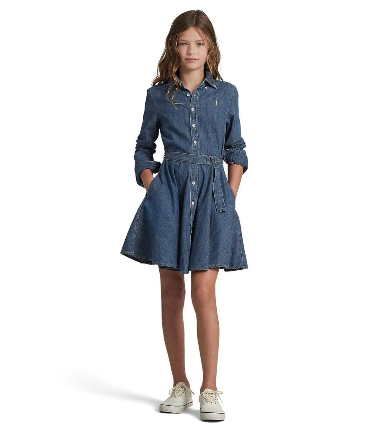 Belted Cotton Denim Shirtdress (Big Kids)