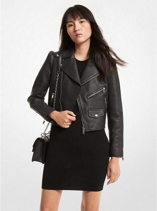 Pebbled Leather Puff-Sleeve Moto Jacket