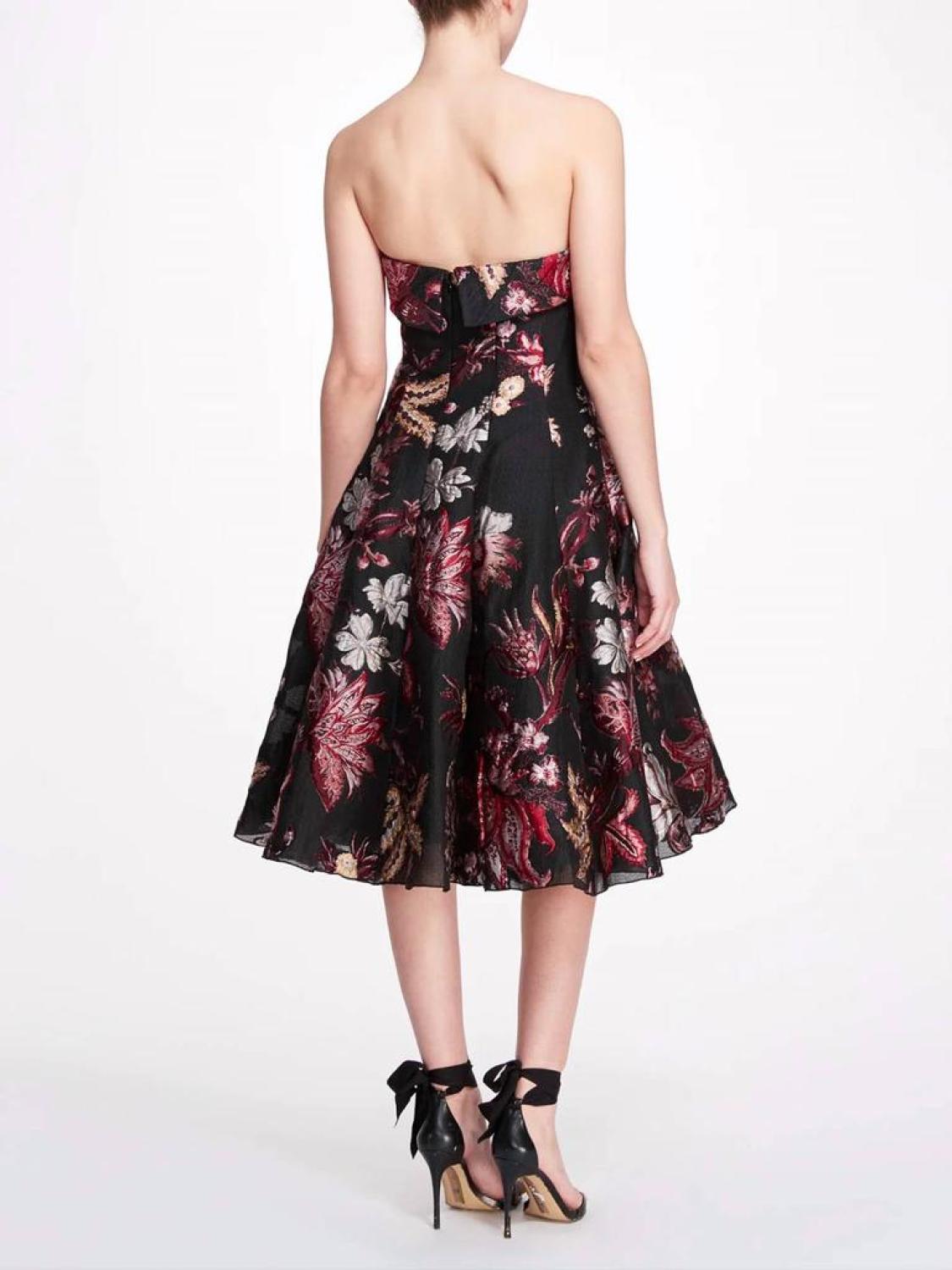 Strapless Floral Tea Length Gown In Black