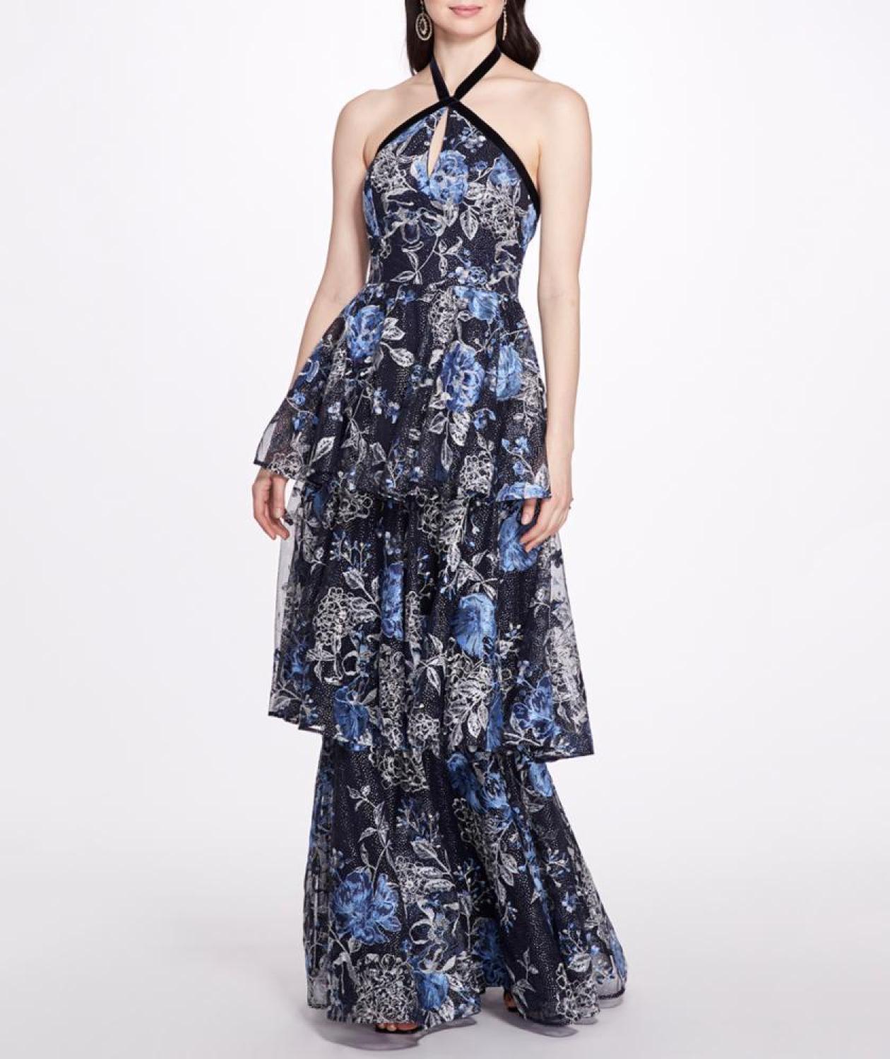 Halter Neck Three-Tiered Flower Tulle Gown
