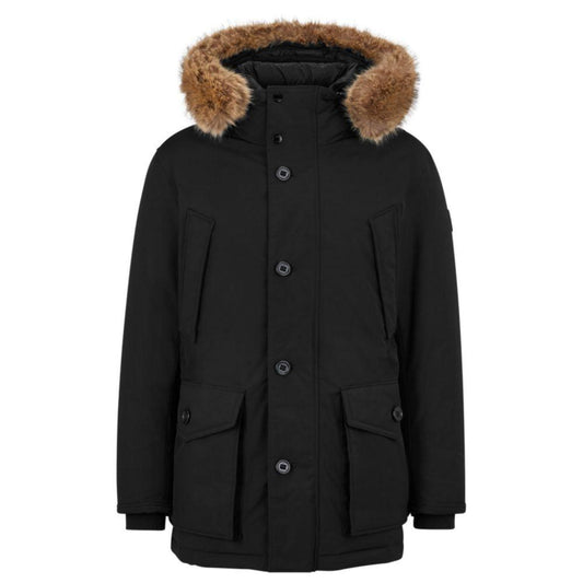 Water-repellent down jacket with faux-fur trimmed hood