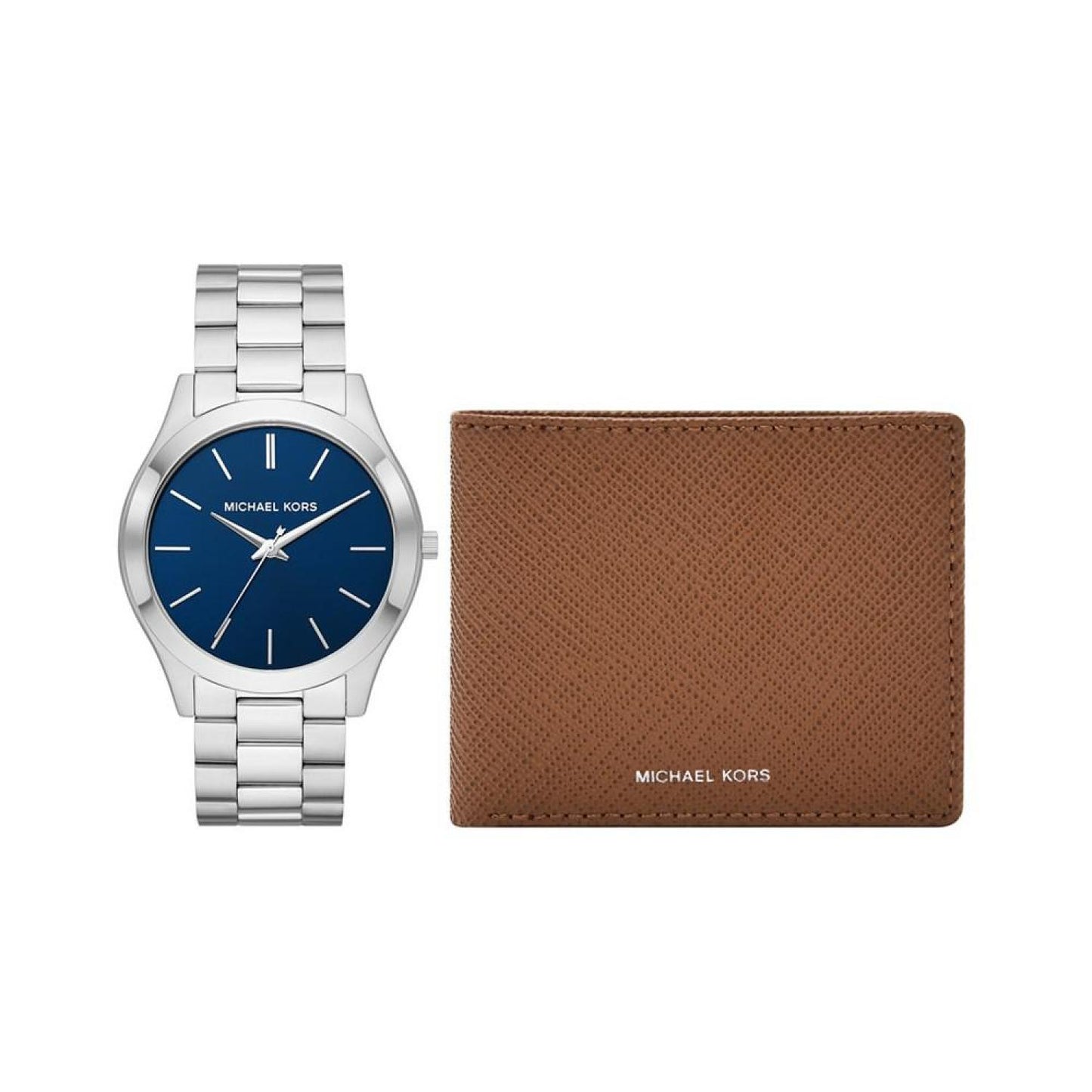 Men's Slim Runway Three-Hand Silver-Tone Stainless Steel Bracelet Watch 44mm and Luggage Saffiano Leather Wallet Set