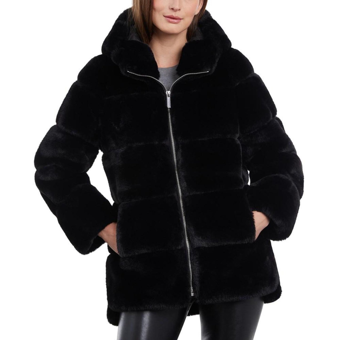 Women's Petite Hooded Faux-Fur Coat
