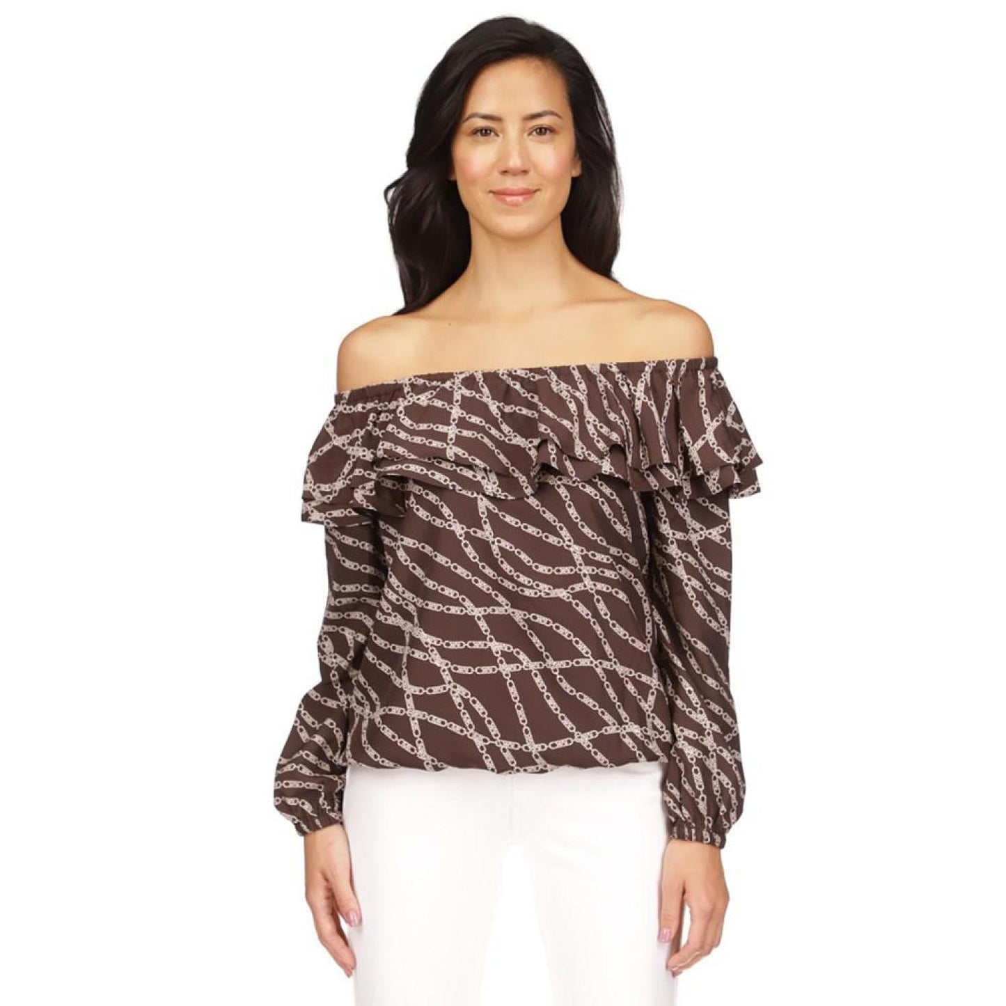 Women's Printed Stadium Ruffled-Overlay Off-The-Shoulder Top, Regular & Petite