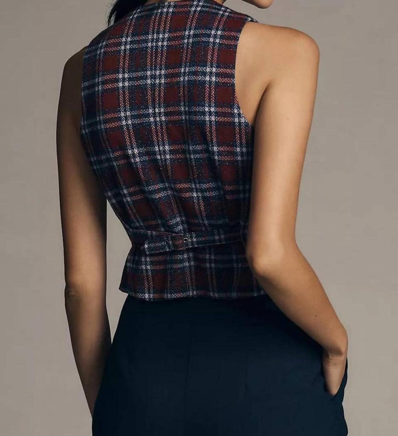 Plaid Button-Front Vest In Navy