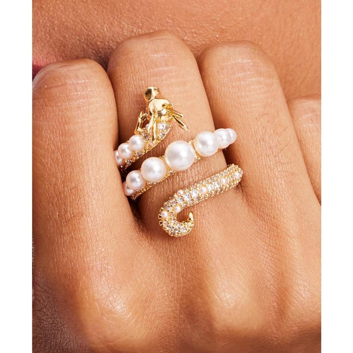 Gold-Tone Pavé & Imitation Pearl Dragon Wrap Ring