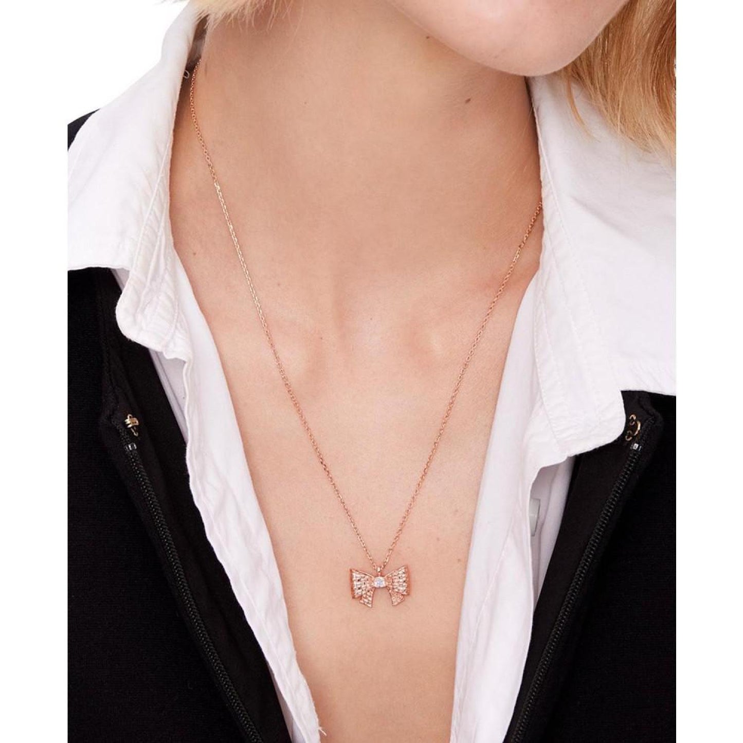 Cubic Zirconia Bow Mini Pendant Necklace, 16" + 3" extender