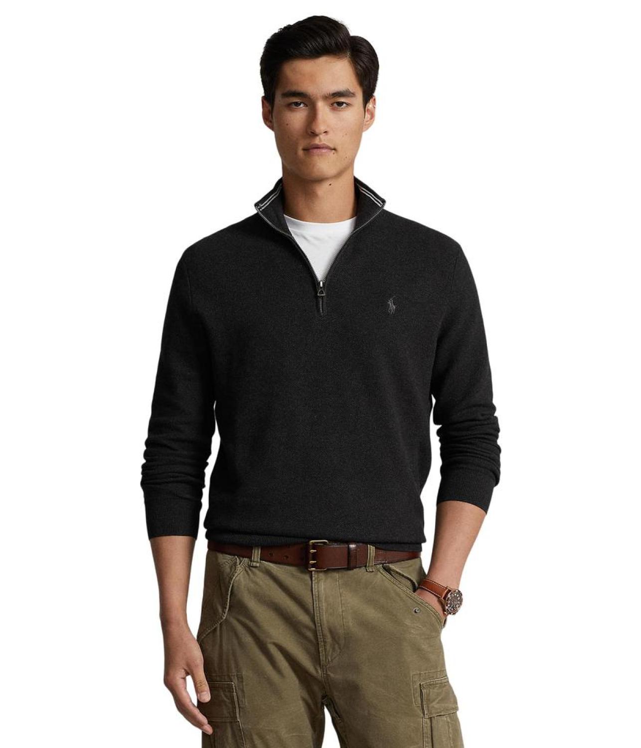 Mesh-Knit Cotton 1/4 Zip Sweater