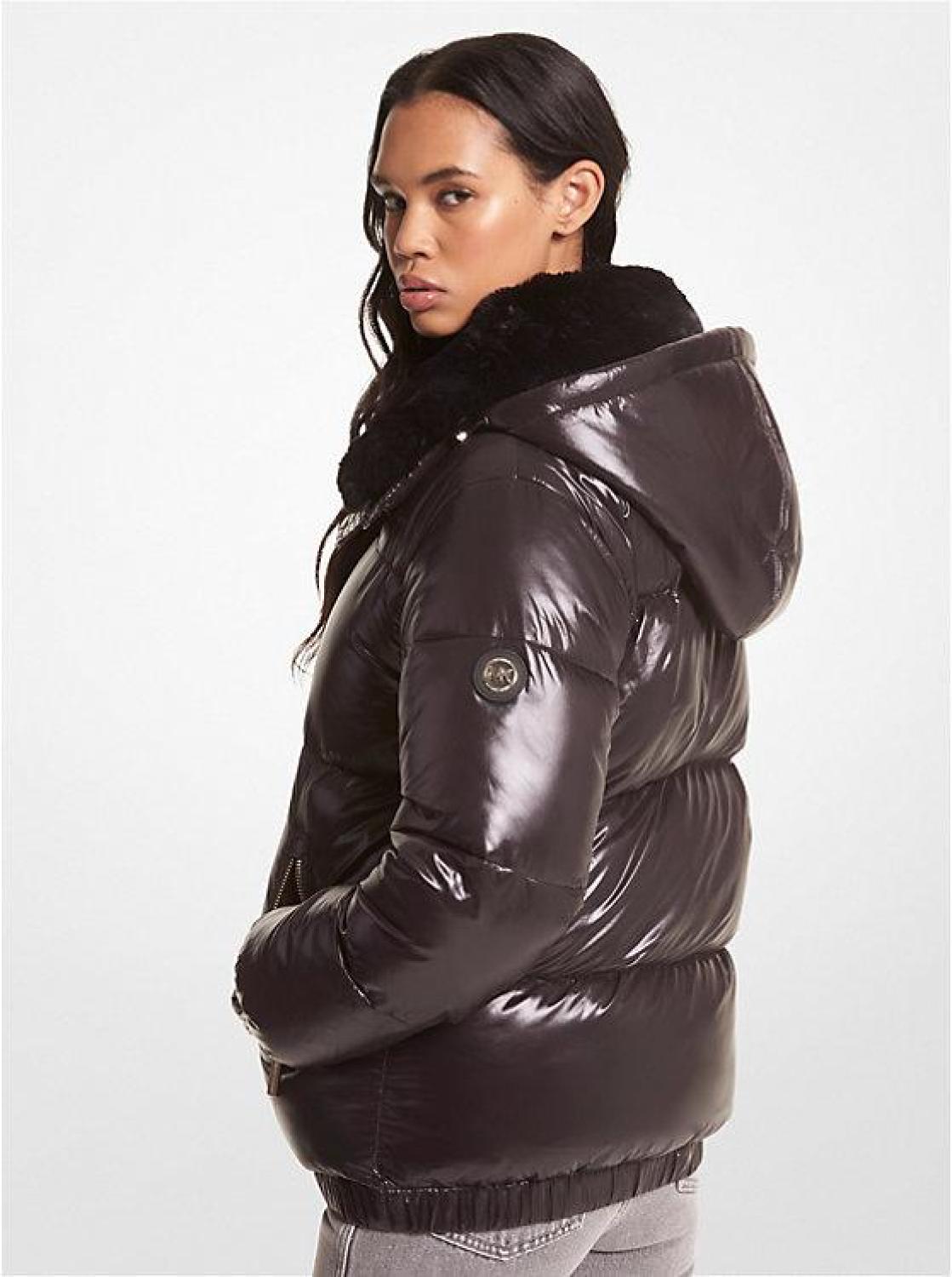 Faux Fur-Trim Quilted Nylon Puffer Jacket