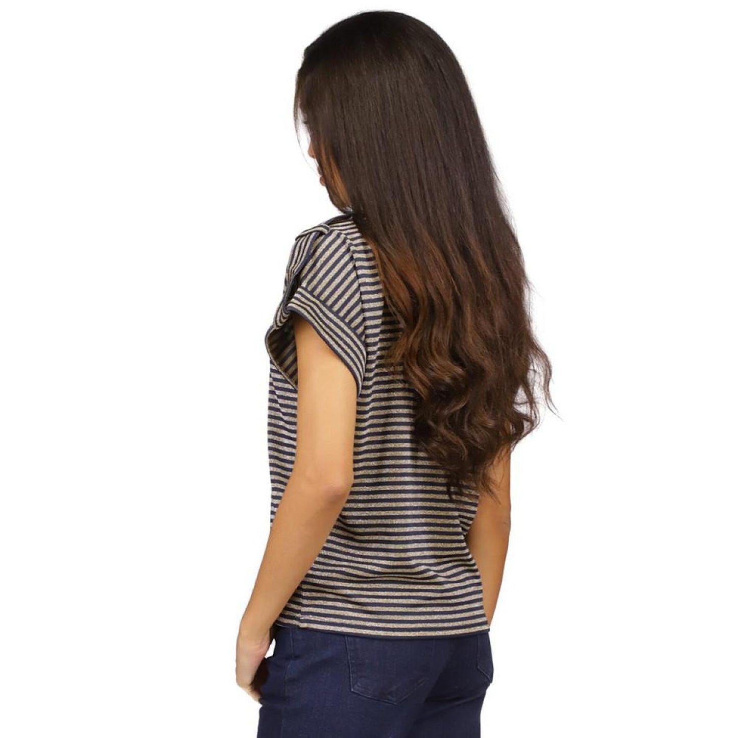 Women's Metallic-Stripe Epaulette Short-Sleeve Top