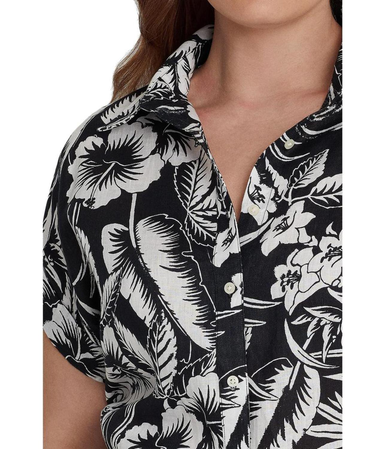 Plus Size Floral Linen Short Sleeve Shirt