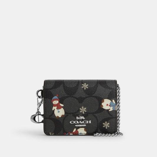 Coach Outlet Boxed Mini Wallet On A Chain In Signature Canvas With Snowman Print