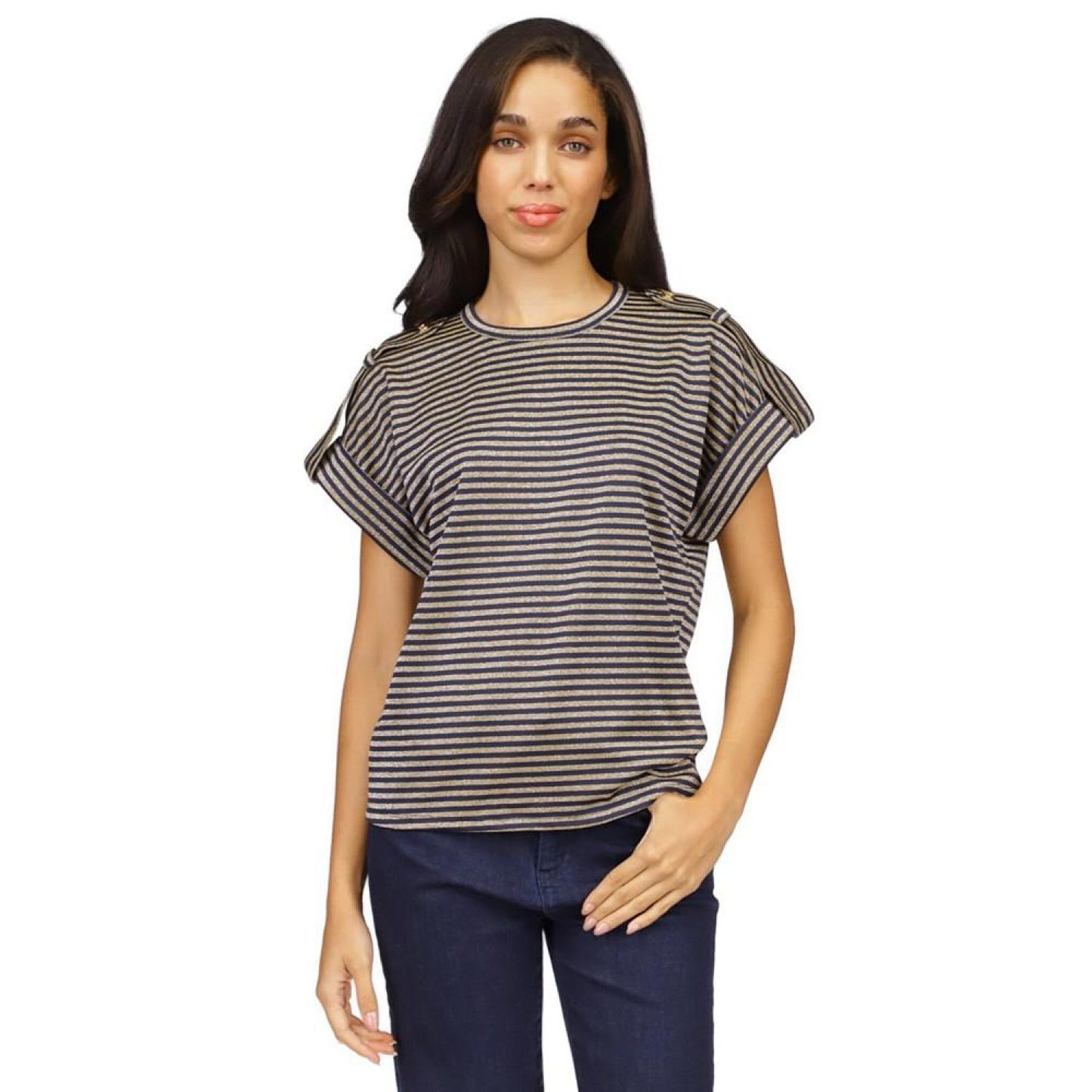 Women's Metallic-Stripe Epaulette Short-Sleeve Top