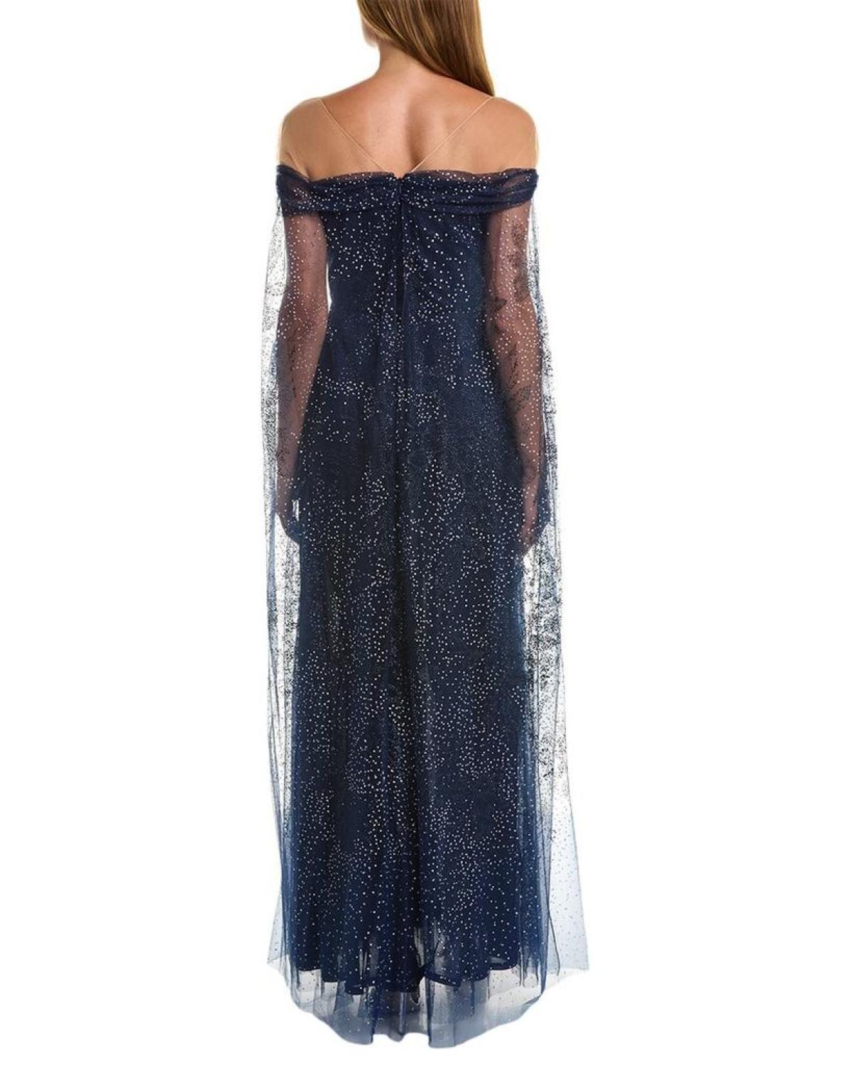 Marchesa Notte Glitter Cape Gown