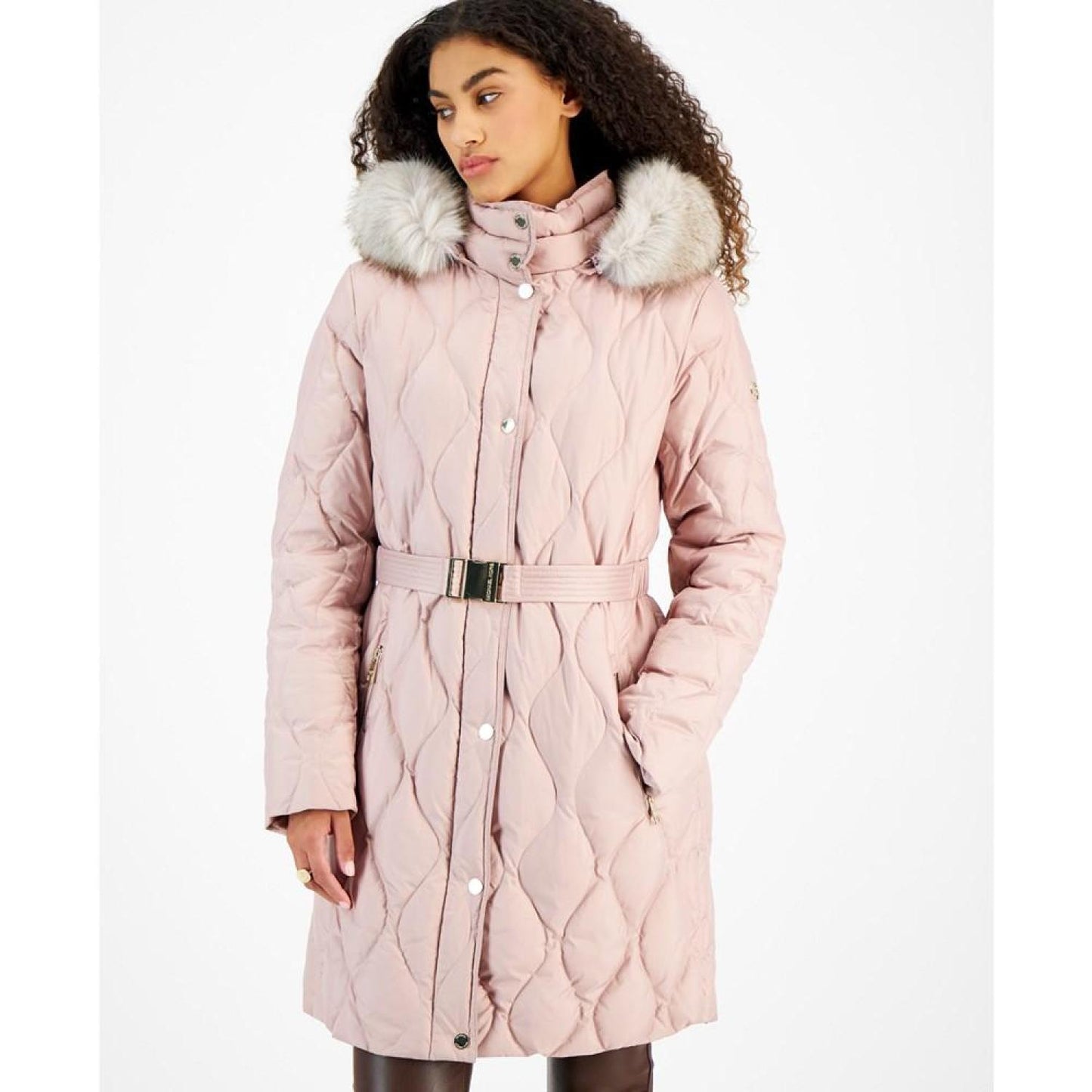 Women's Belted Faux-Fur-Trimmed Hooded Puffer Coat