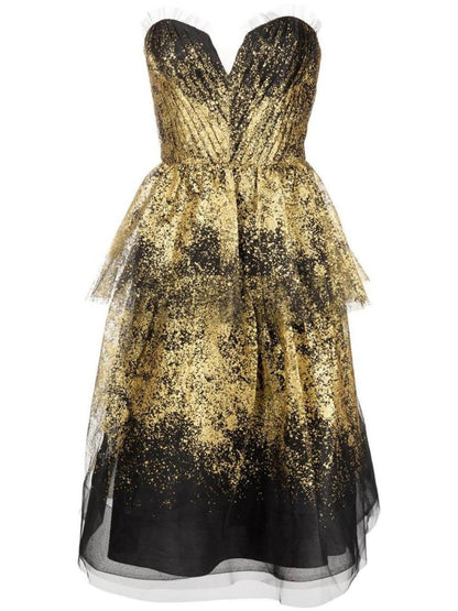 Glitter-Tulle Tiered Strapless Gown In Black
