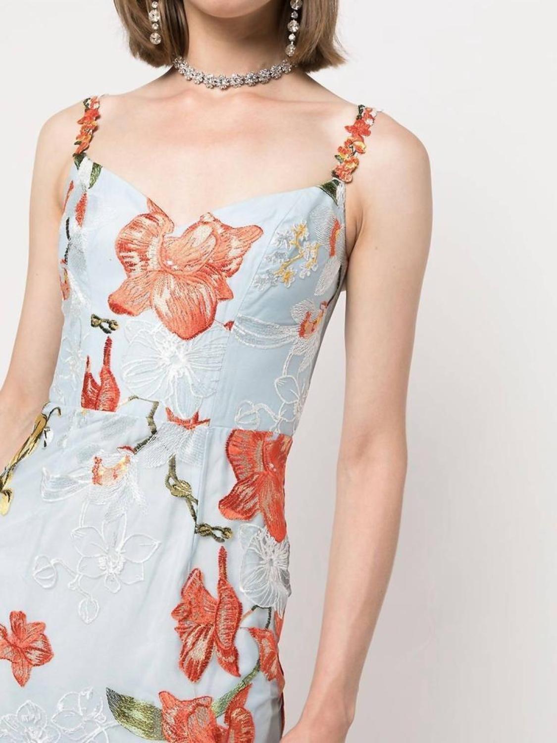 Ombré Embroidered Tulle Mermaid Gown In Dusty Blue