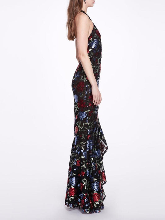 Sleeveless Halter Embroidered Sequin Gown