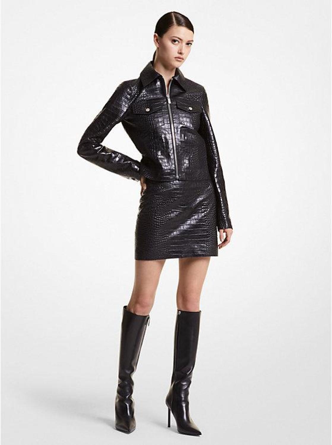 Bella Crocodile Embossed Leather Zip-Up Jacket