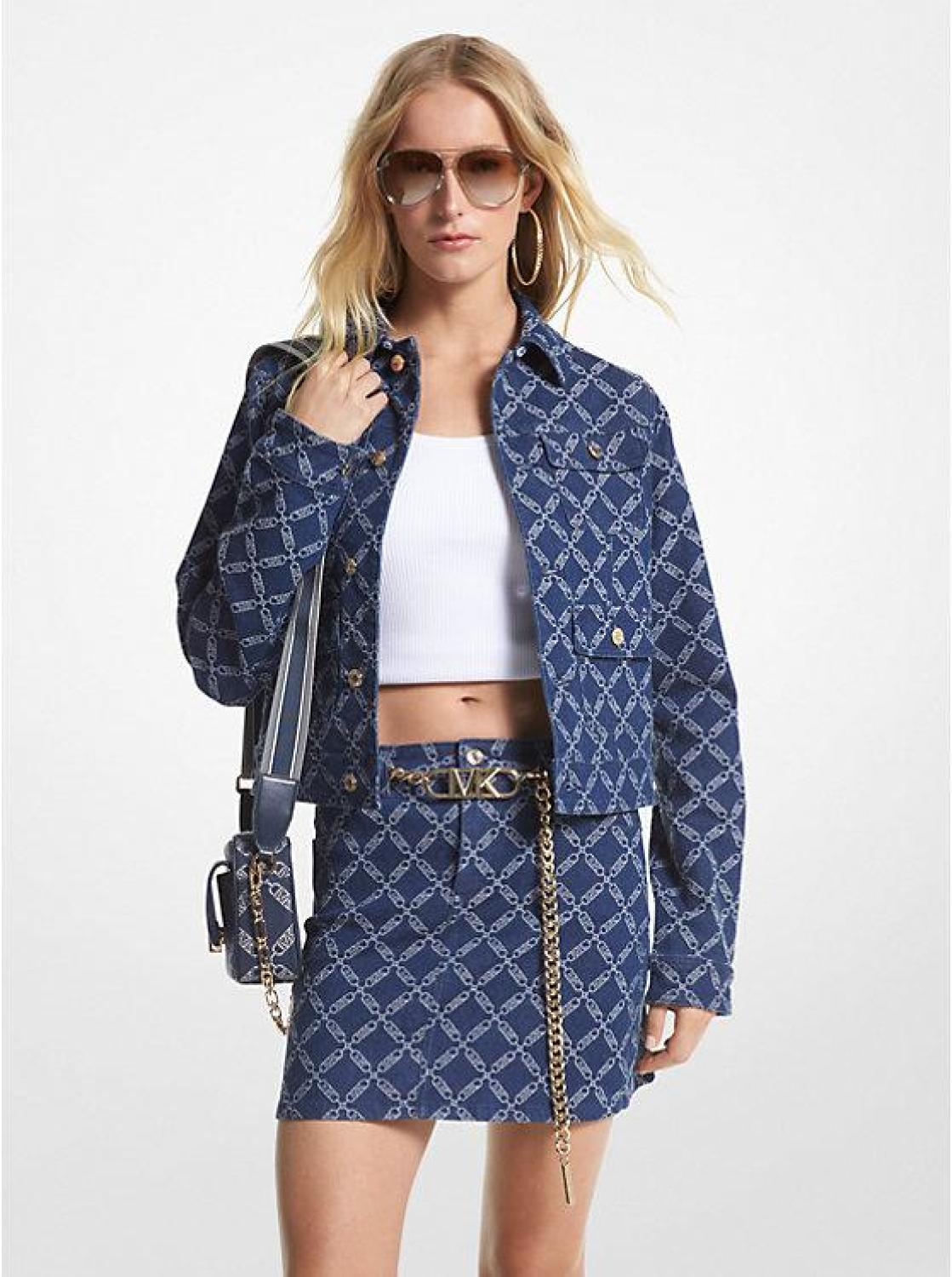 Empire Logo Denim Belted Mini Skirt