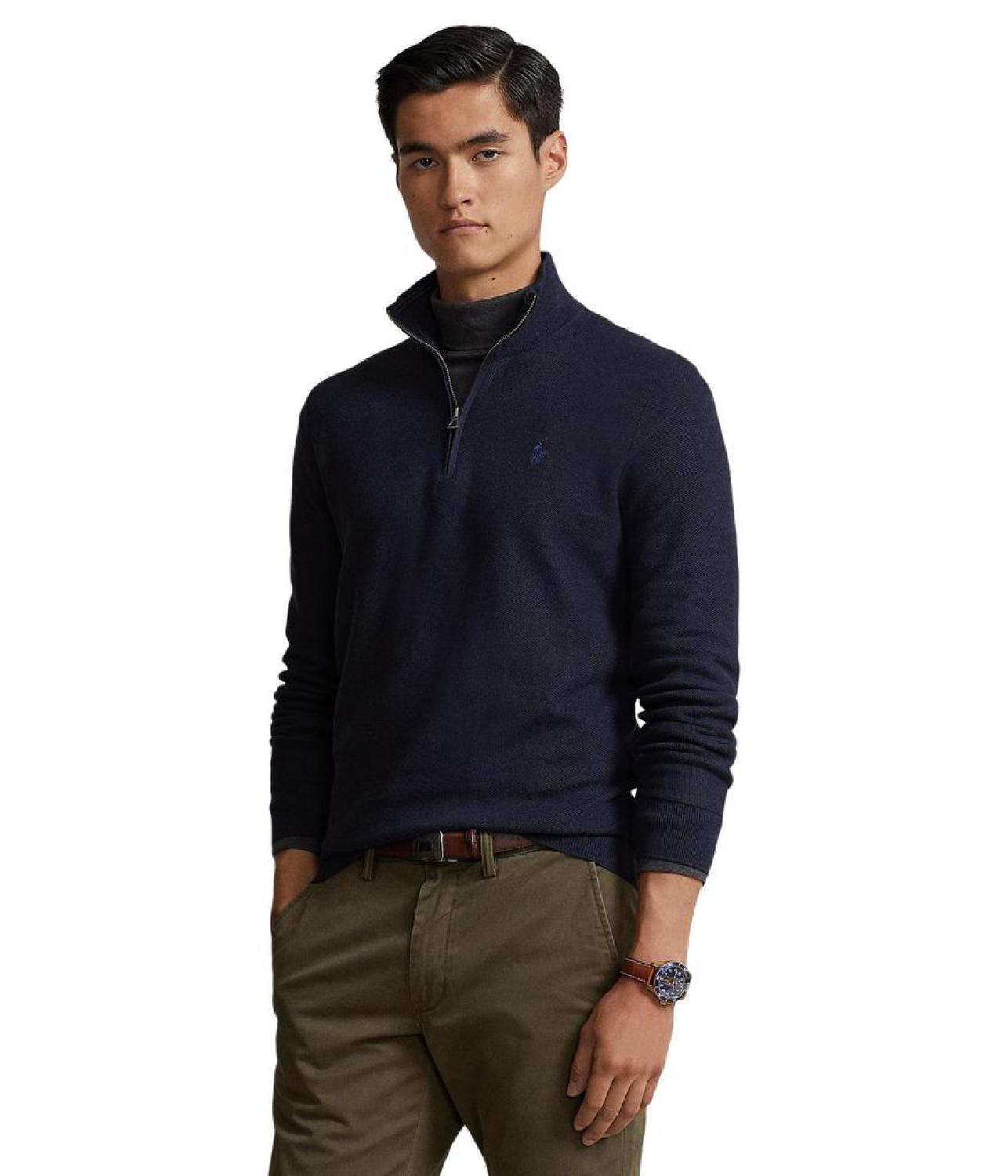 Mesh-Knit Cotton 1/4 Zip Sweater