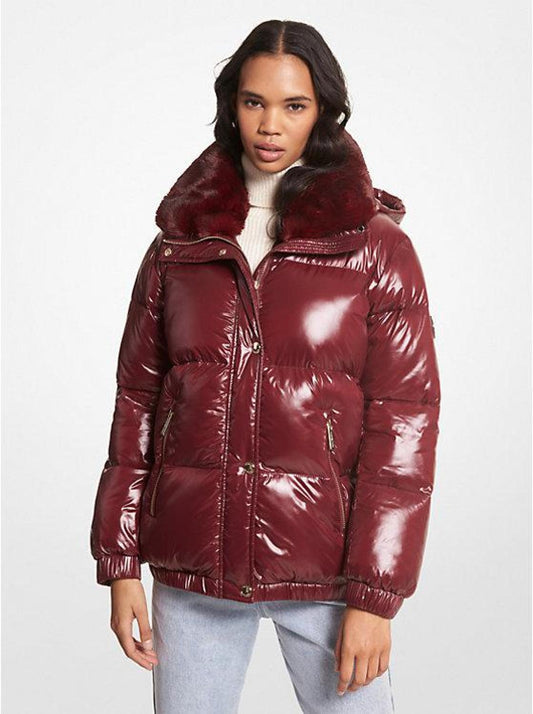 Faux Fur-Trim Quilted Nylon Puffer Jacket