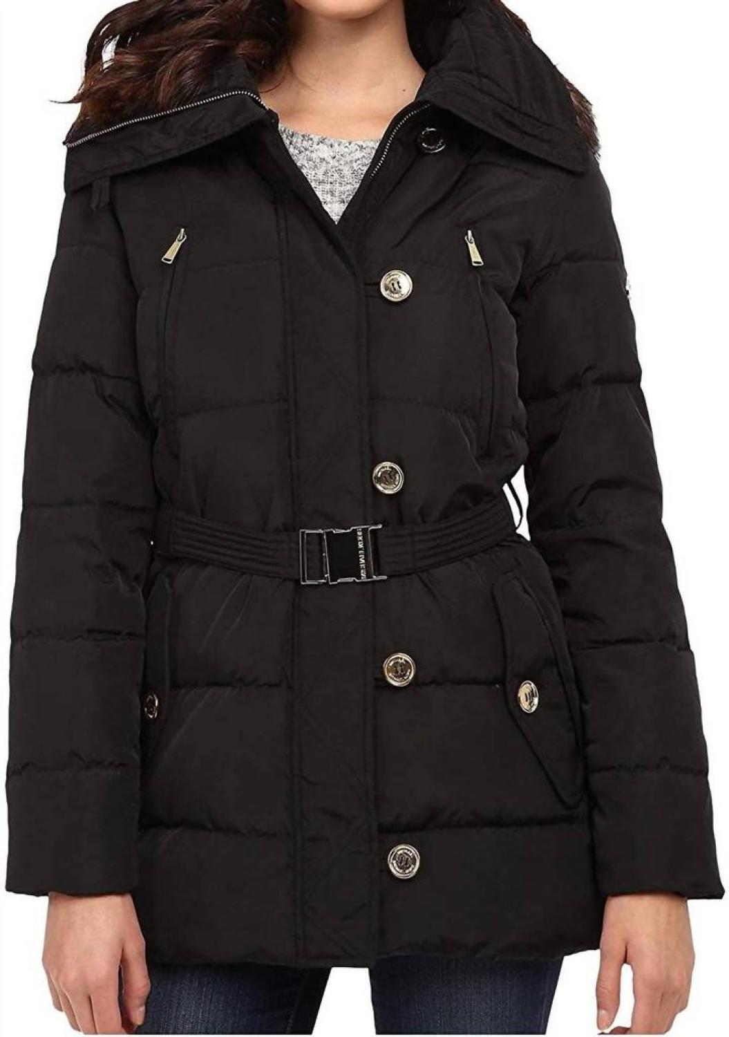 Fur Trim Hooded Down Coat in Black